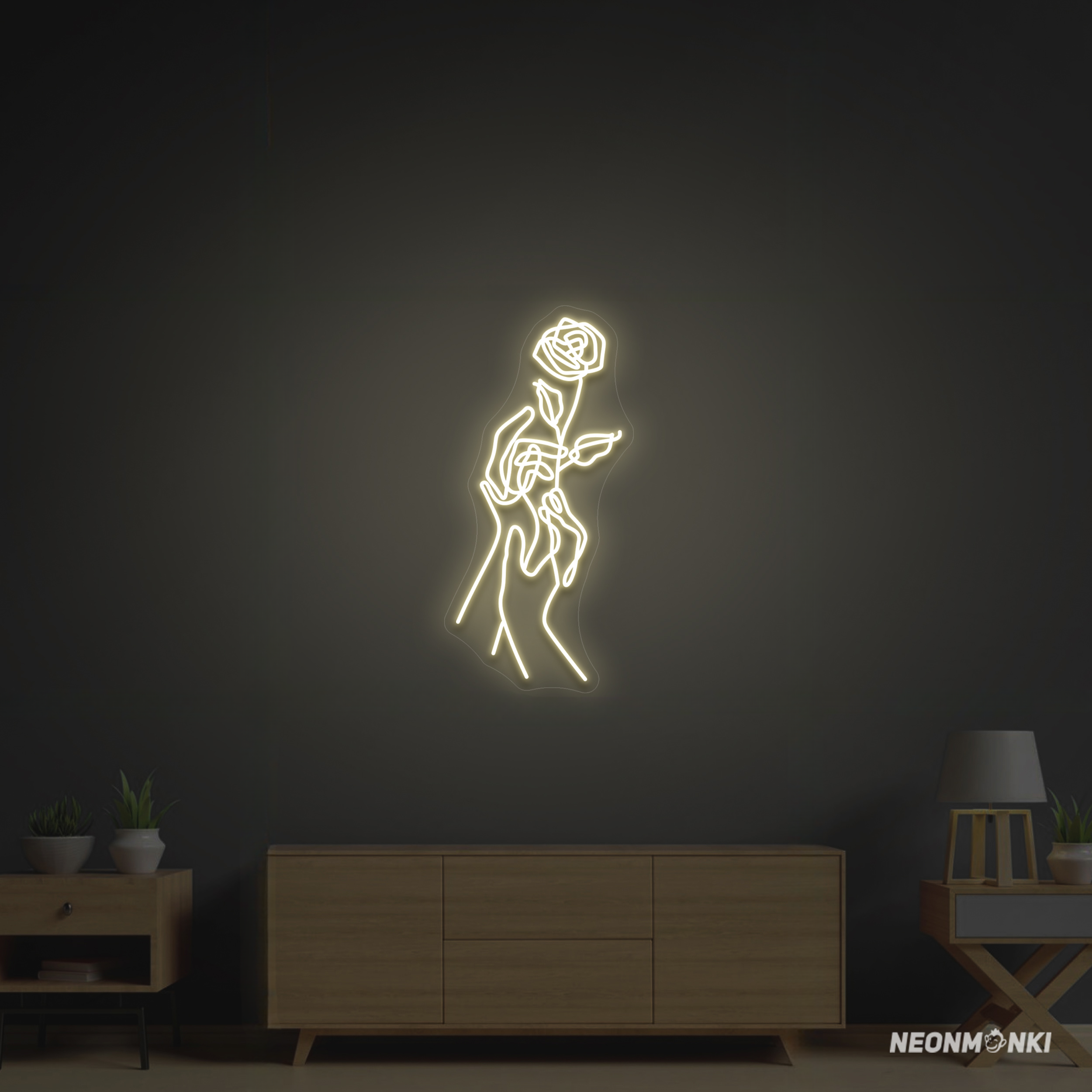 Neon LED Schriftzug Kunst Rose & Hände Lichtkunstwerk Schild - NEONMONKI