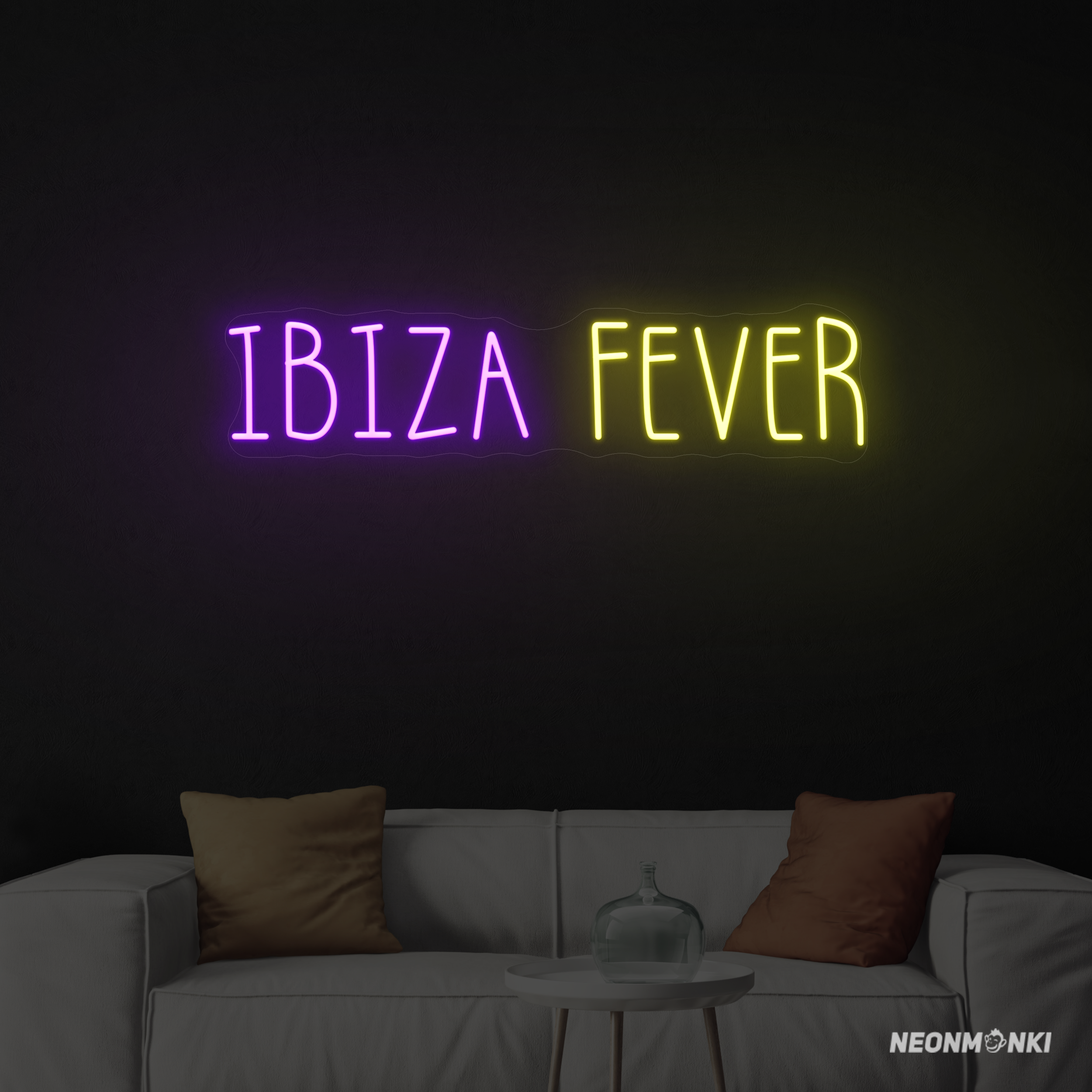 Ibiza Fever- Dein handgefertigtes Neon LED Travel in Lila und Gelb – Lebendige Leuchtschrift für Party-Vibes zuhause