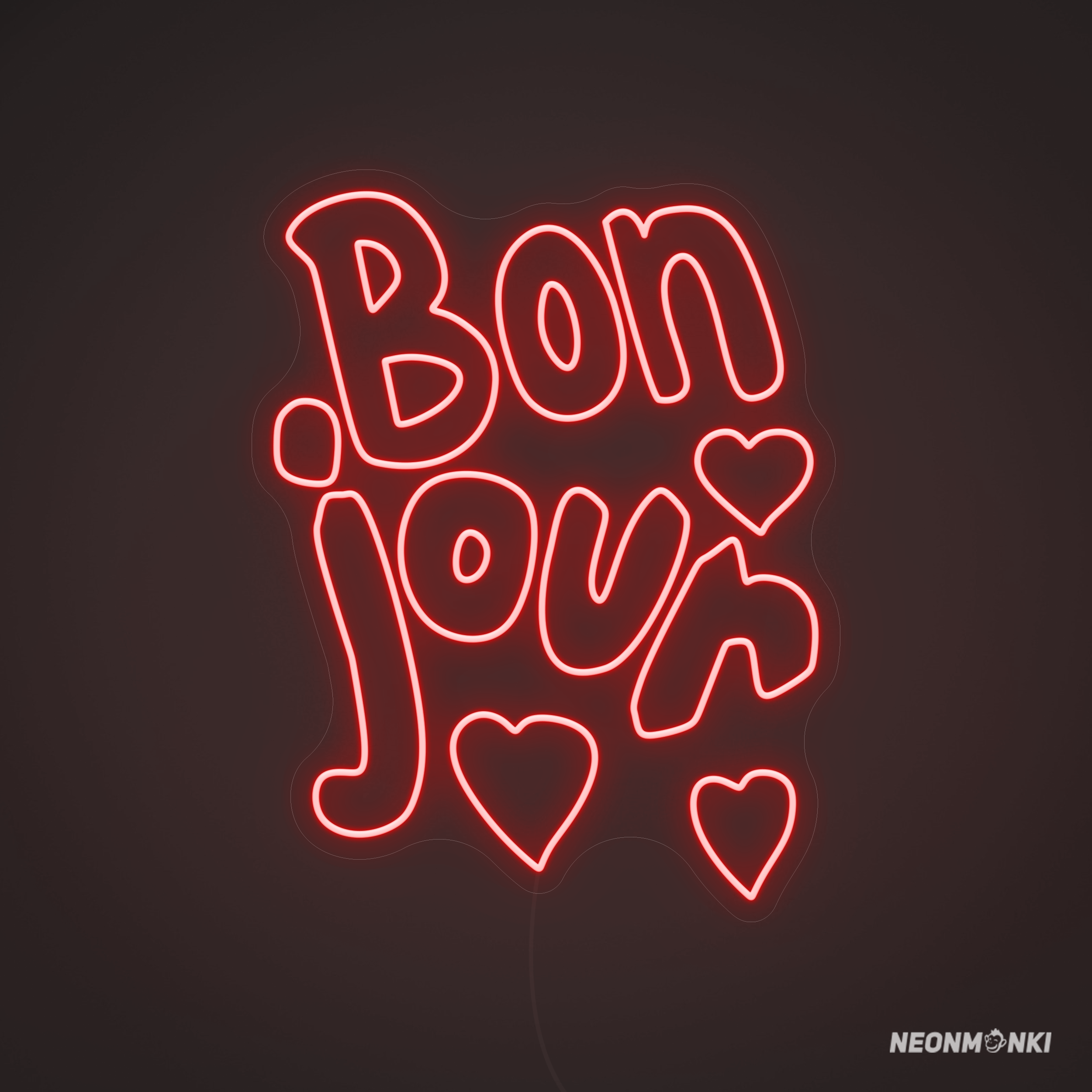 Neon LED Schriftzug „bon jour“ mit Herzchen – in leuchtendem Rot