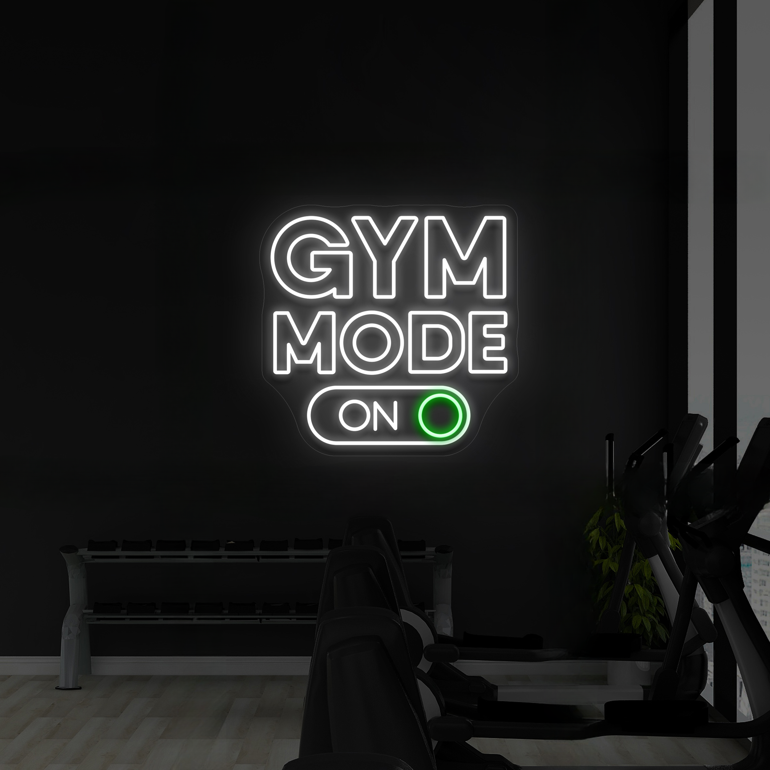 Neon LED Logo "Gym Mode On" LED Schild in Kaltweiß & Grün -NEONMONKI