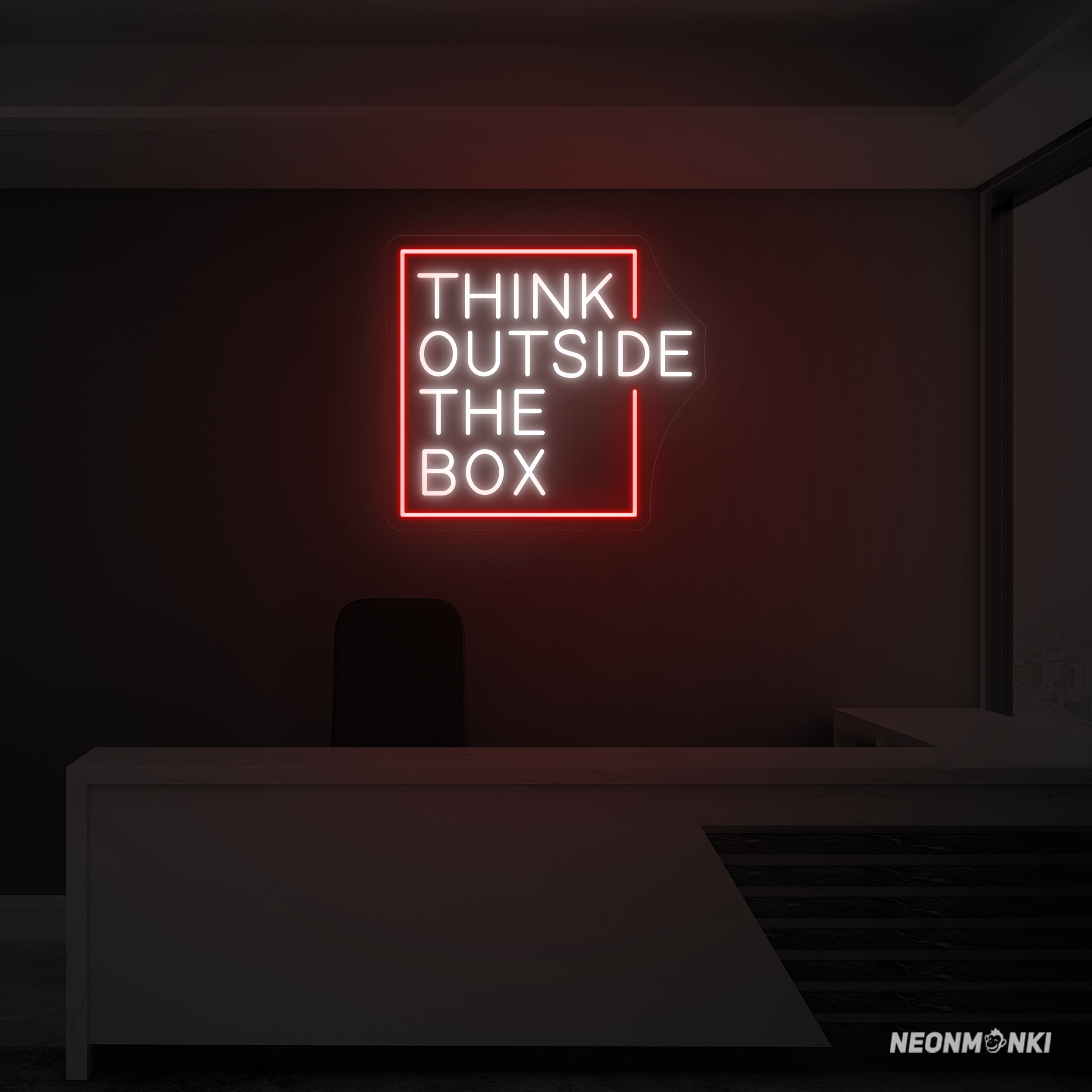 Think outside the box – Neon LED Leuchtschrift in Warmweiß und Rot