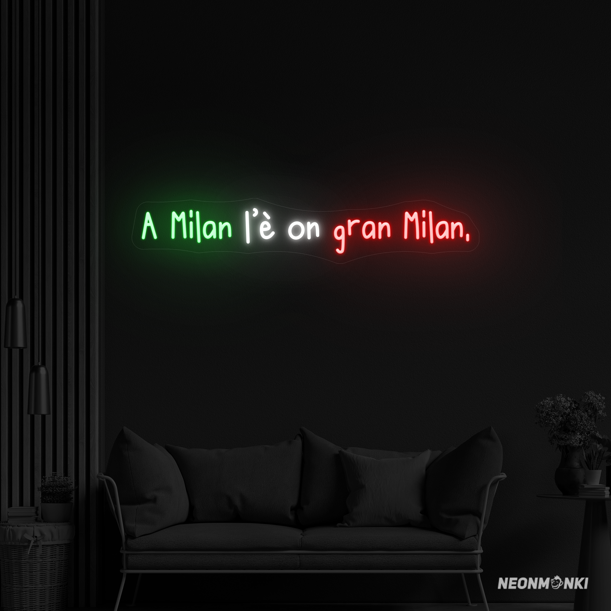 „A Milan l’é on gran Milan“ – Handgefertigtes Neon LED Leuchtschild in Grün, Kaltweiß und Rot