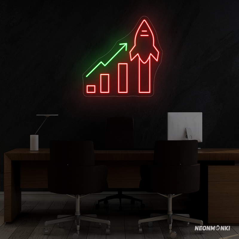 Balkendiagramm mit Rakete – Neon LED Leuchtschild in Grün und Rot
