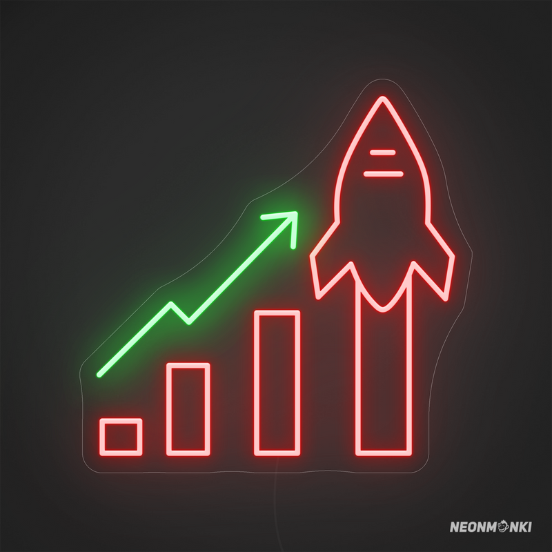 Balkendiagramm mit Rakete – Neon LED Leuchtschild in Grün und Rot