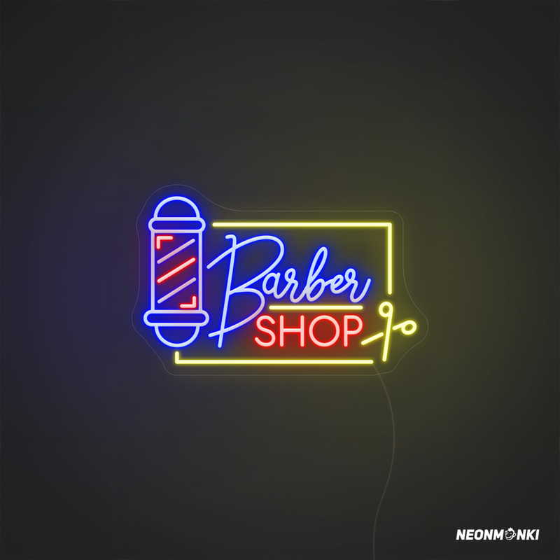 „Barbershop“ Neon LED – Leuchtschild mit Schere & Barber Pole für deinen Salon