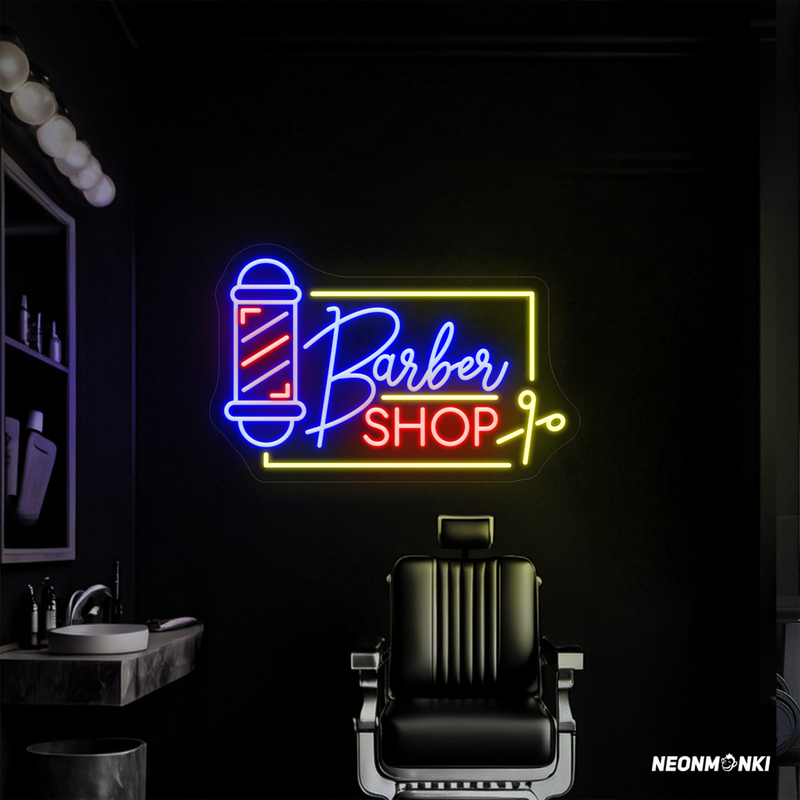 „Barbershop“ Neon LED – Leuchtschild mit Schere & Barber Pole für deinen Salon