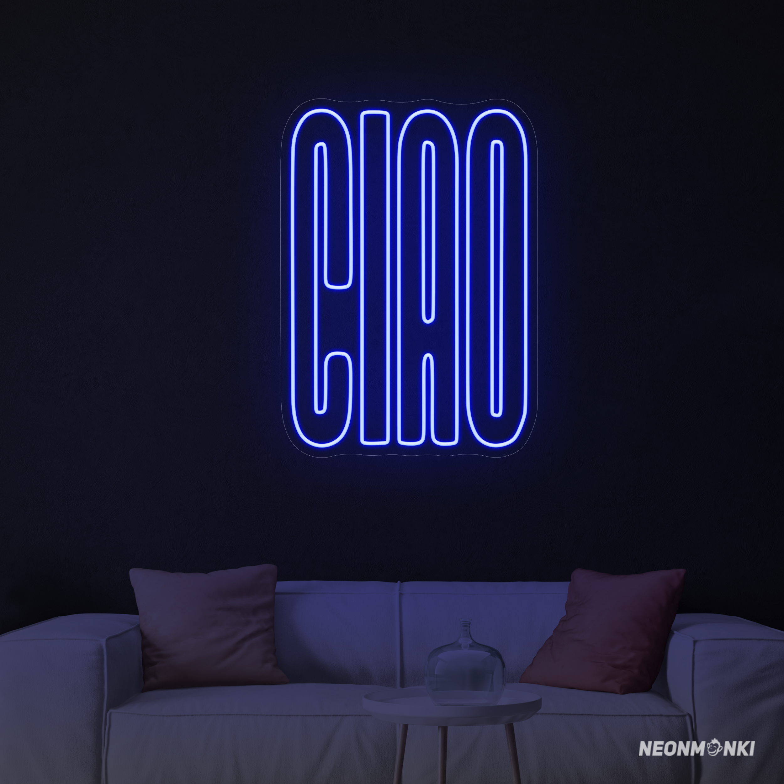 Ciao in Blau – Stilvoller Abschiedsgruß als Neonlicht