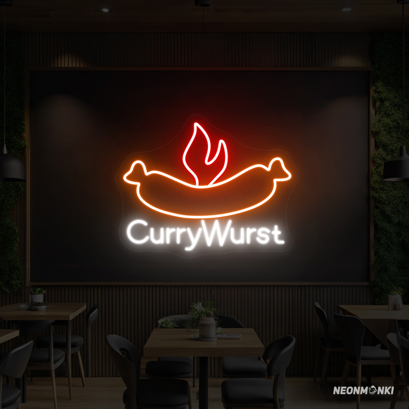 Leuchtende Currywurst Logo Neon LED Leuchtschild für Imbiss