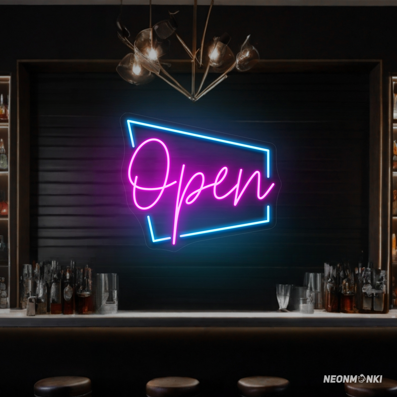 Neon Schriftzug Schild "OPEN" – Hellblau & Pink
