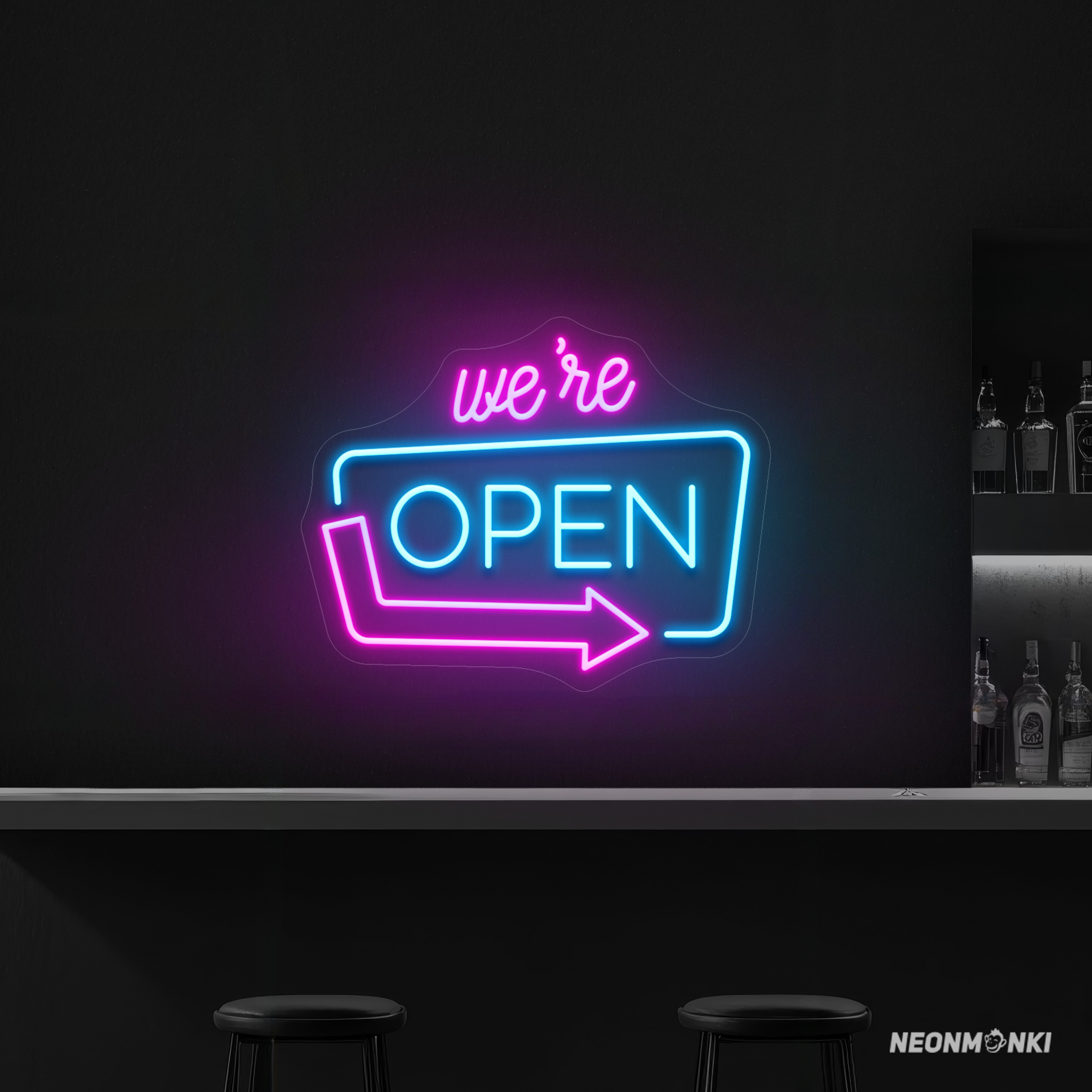 Neon LED Schild "We’re OPEN!" – Pink & Hellblau - NEONMONKI