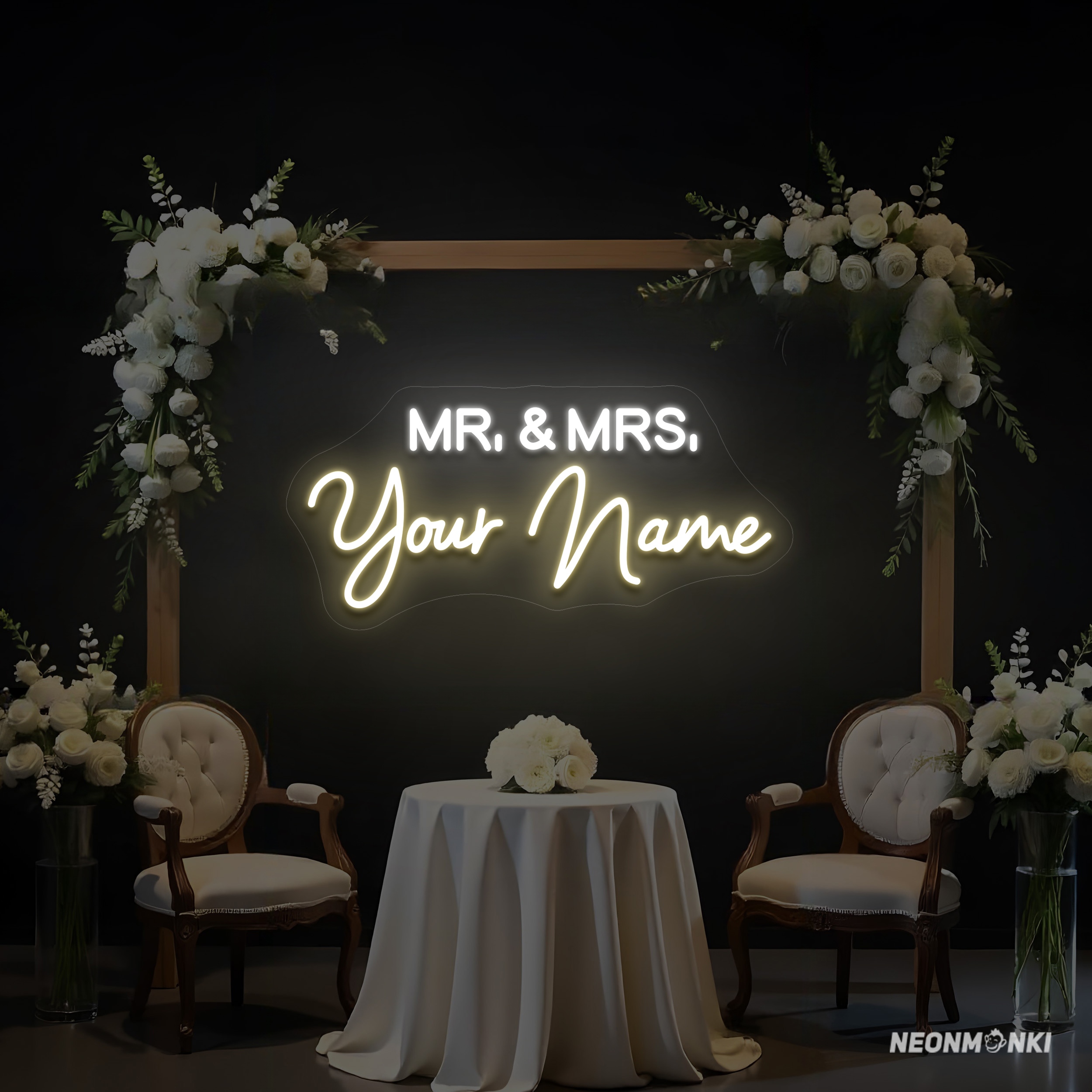 Eleganter Blickfang für den großen Tag – personalisiertes Neon LED Hochzeits-Leuchtschild "Mr & Mrs [Dein Name]"