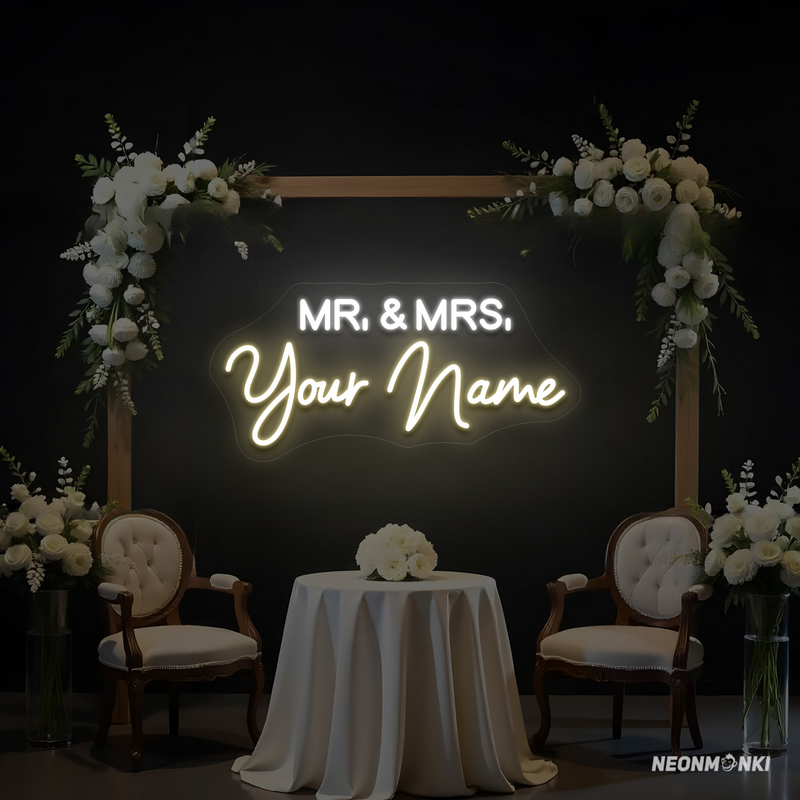 Eleganter Blickfang für den großen Tag – personalisiertes Neon LED Hochzeits-Leuchtschild "Mr & Mrs [Dein Name]"