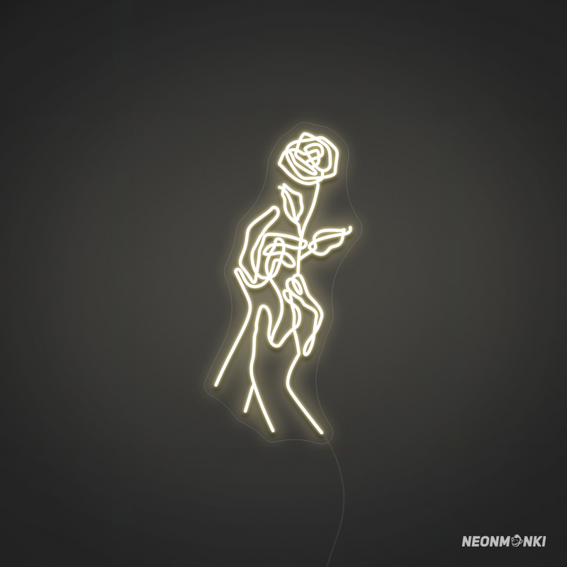 Handgefertigtes Neon LED Kunstwerk – Fine Art Rose and Hands in Warmweiß