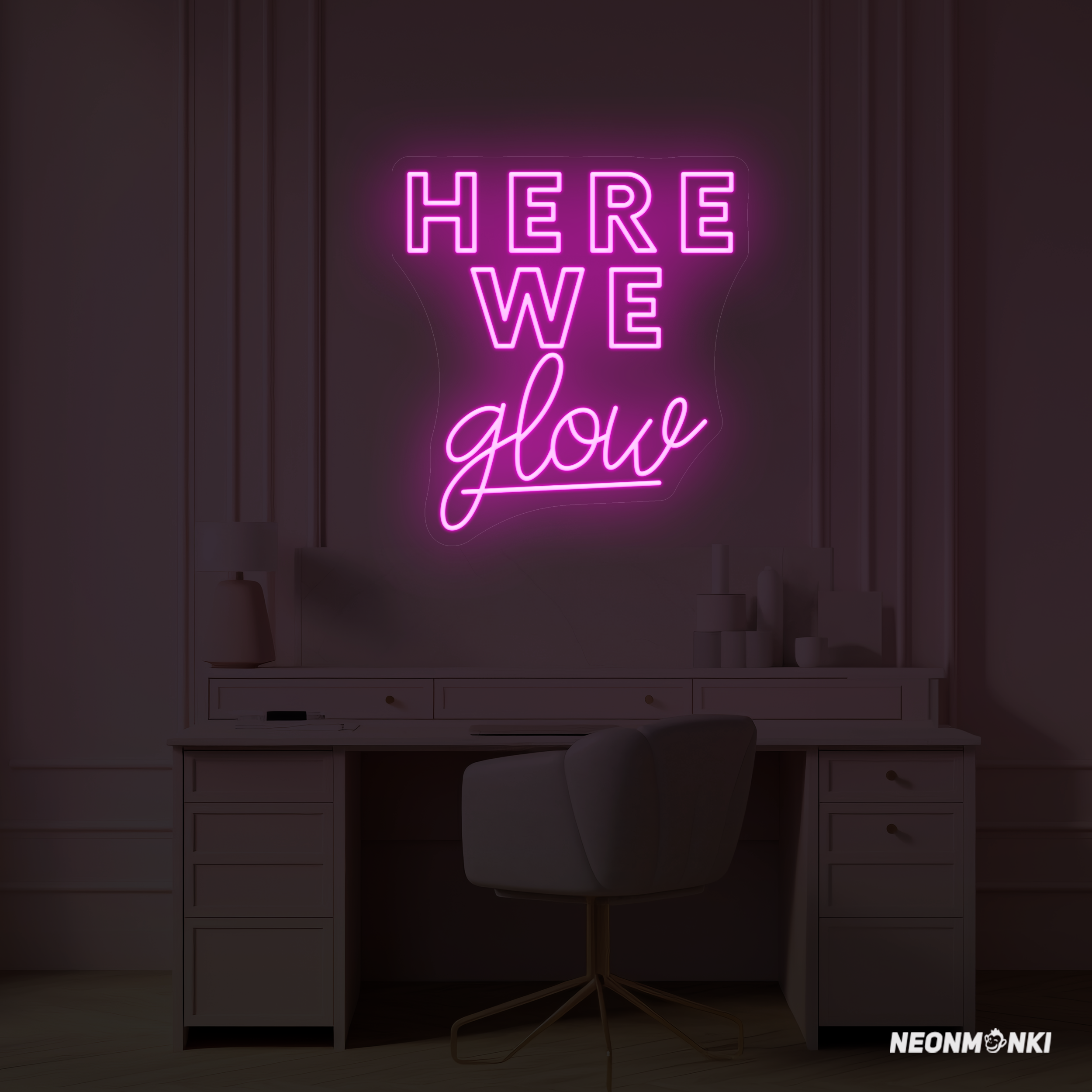 Leuchtschrift "Here We Glow" Neon Schild für Beauty Studio - NEONMONKI