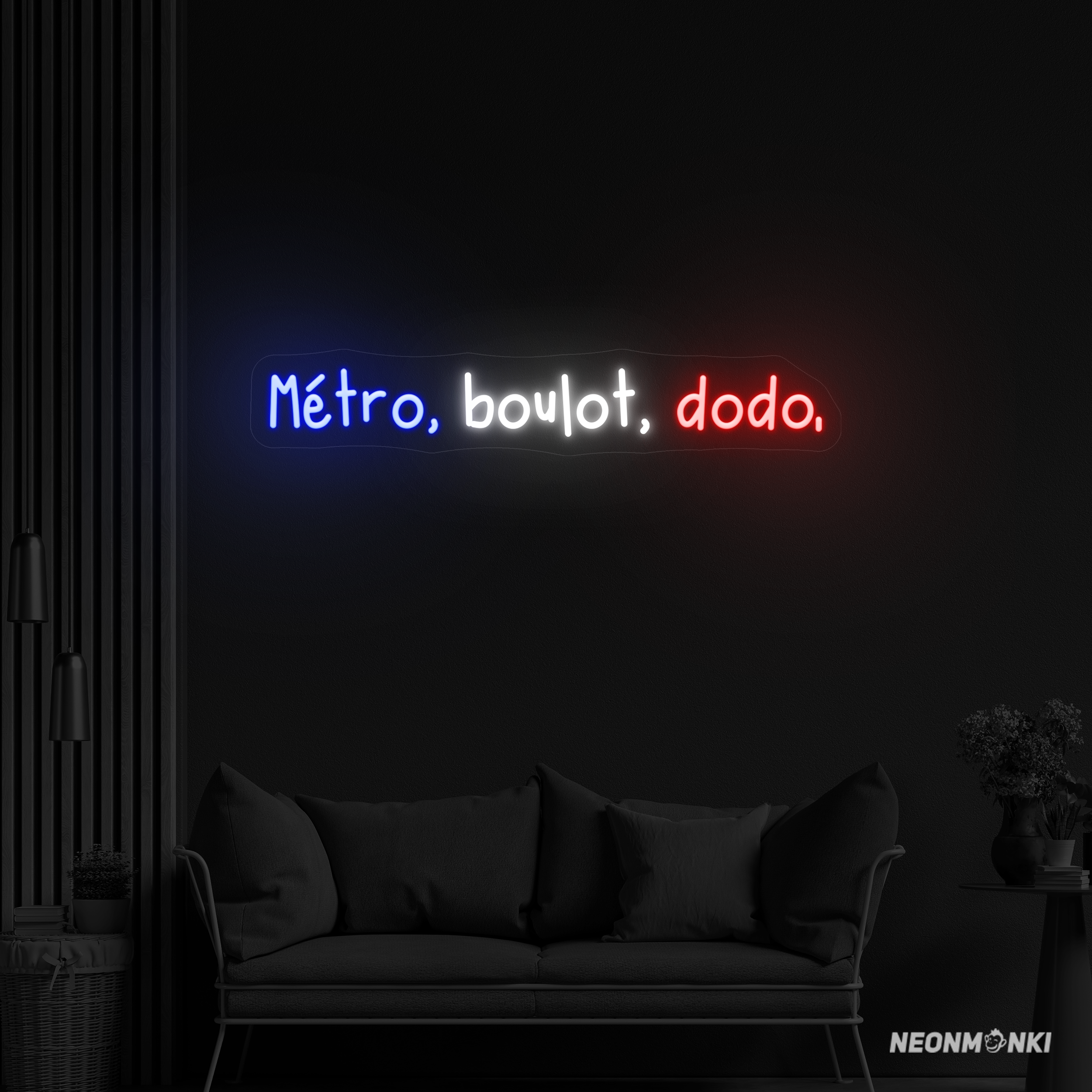 „Métro, boulot, dodo“ – Handgefertigtes Neon LED Leuchtschild in Blau, Kaltweiß und Rot