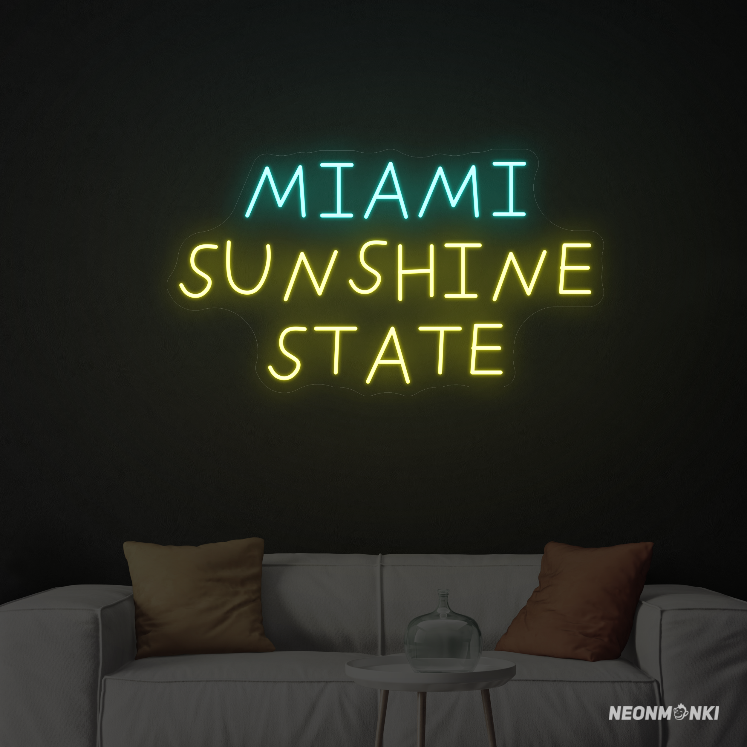 Miami Sunshine State- Dein handgefertigtes Neon LED Travel in Türkis und Gelb – Frische Leuchtschrift für sonnige Stimmung