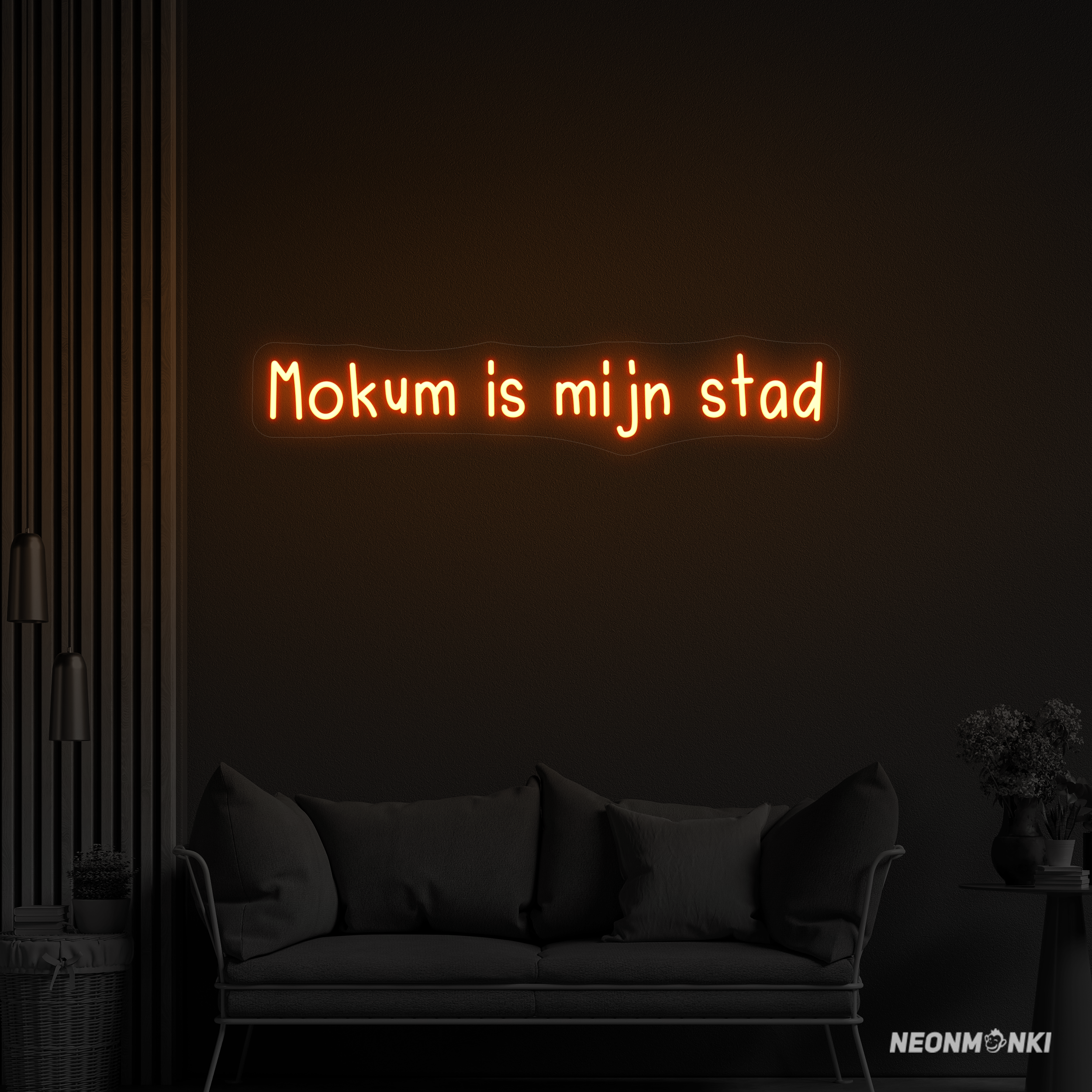 „Mokum is mi jn stad“ – Handgefertigtes Neon LED Leuchtschild in leuchtendem Orange