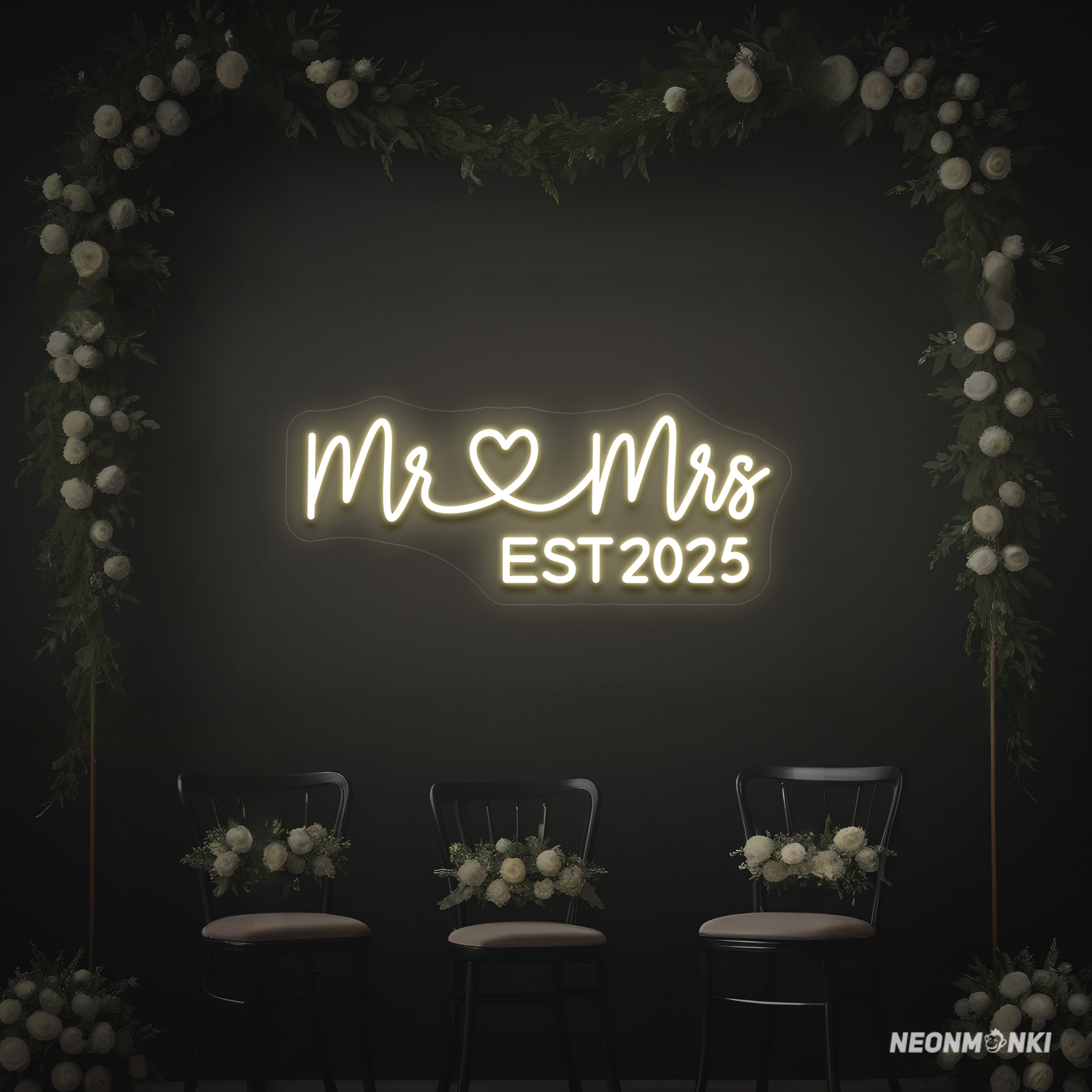 Mr and Mrs est. 2025 – Handgefertigtes Neon LED Leuchtschild in Warmweiß
