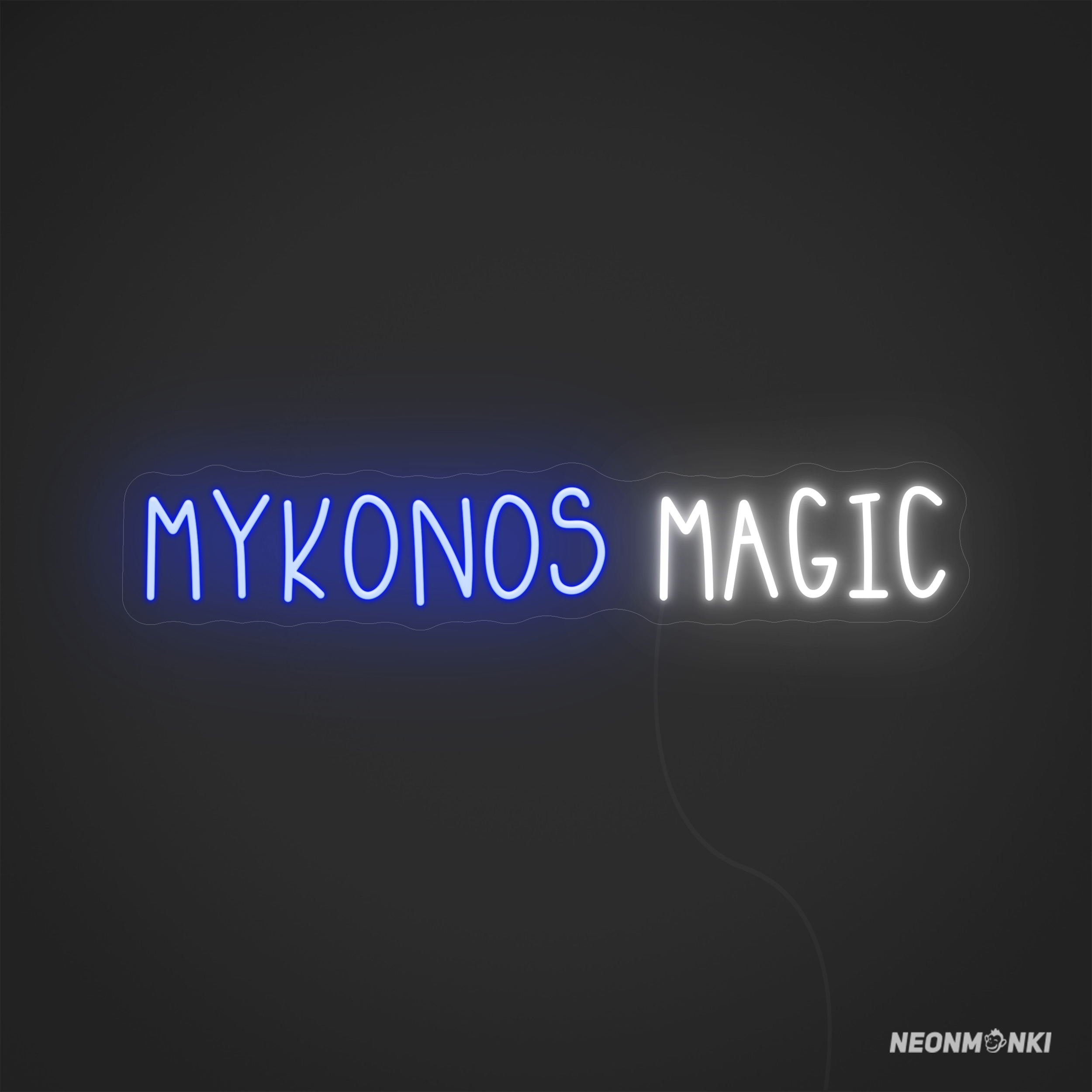 Mykonos Magic- Dein handgefertigtes Neon LED Travel in Blau und Kaltweiß – Mediterrane Leuchtschrift mit Stil