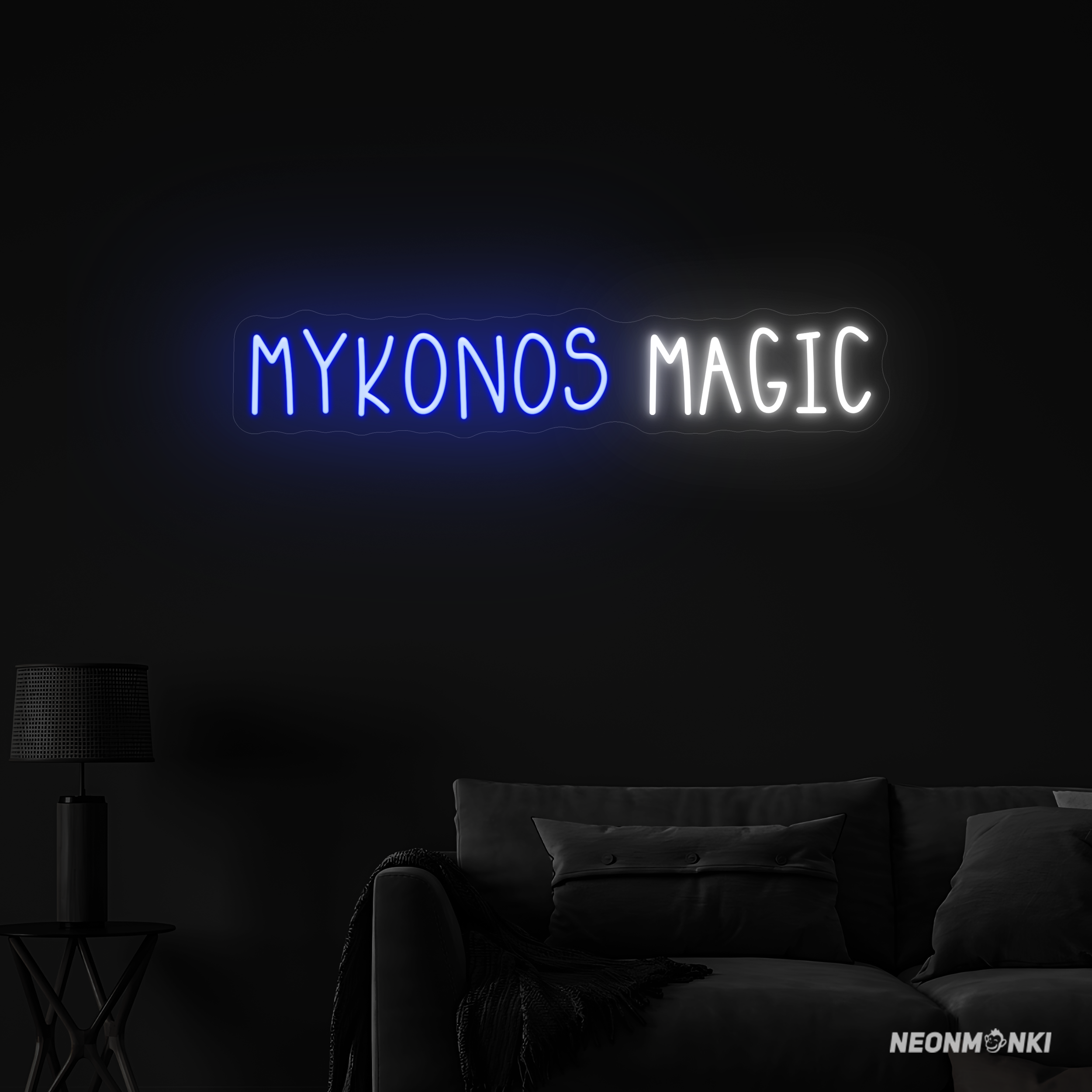 Mykonos Magic- Dein handgefertigtes Neon LED Travel in Blau und Kaltweiß – Mediterrane Leuchtschrift mit Stil