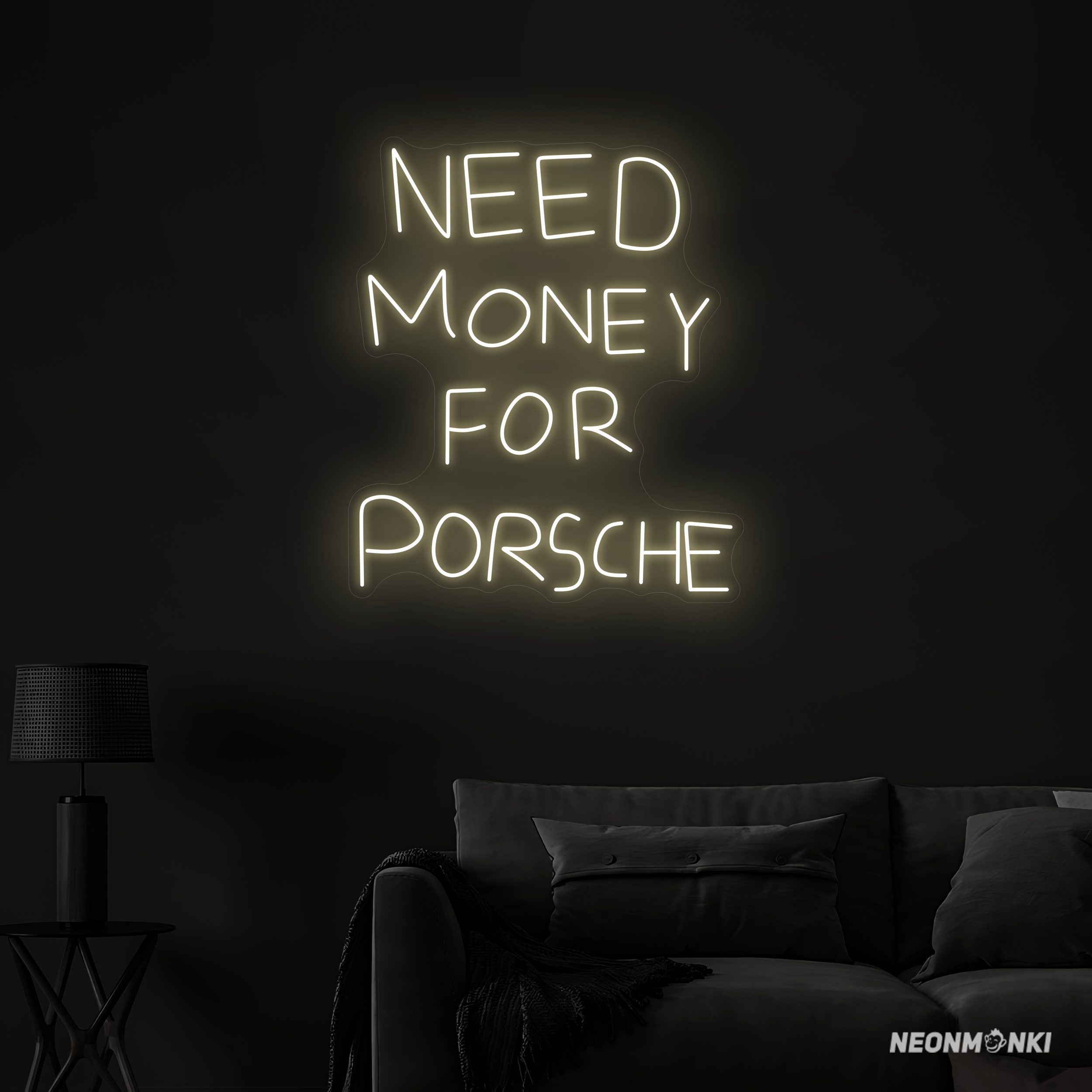 Need Money for Porsche – Dein Statement in warmweißem Neonlicht
