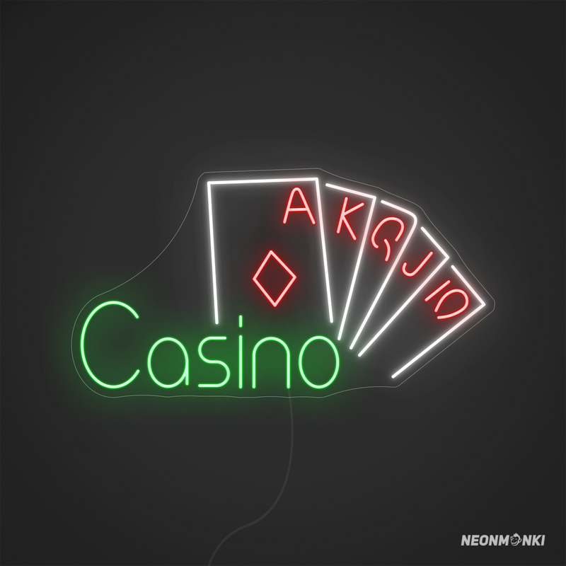 Neon LED CASINO Schild mit Spielkarten – Leuchtschild in Grün, Kaltweiß und Rot