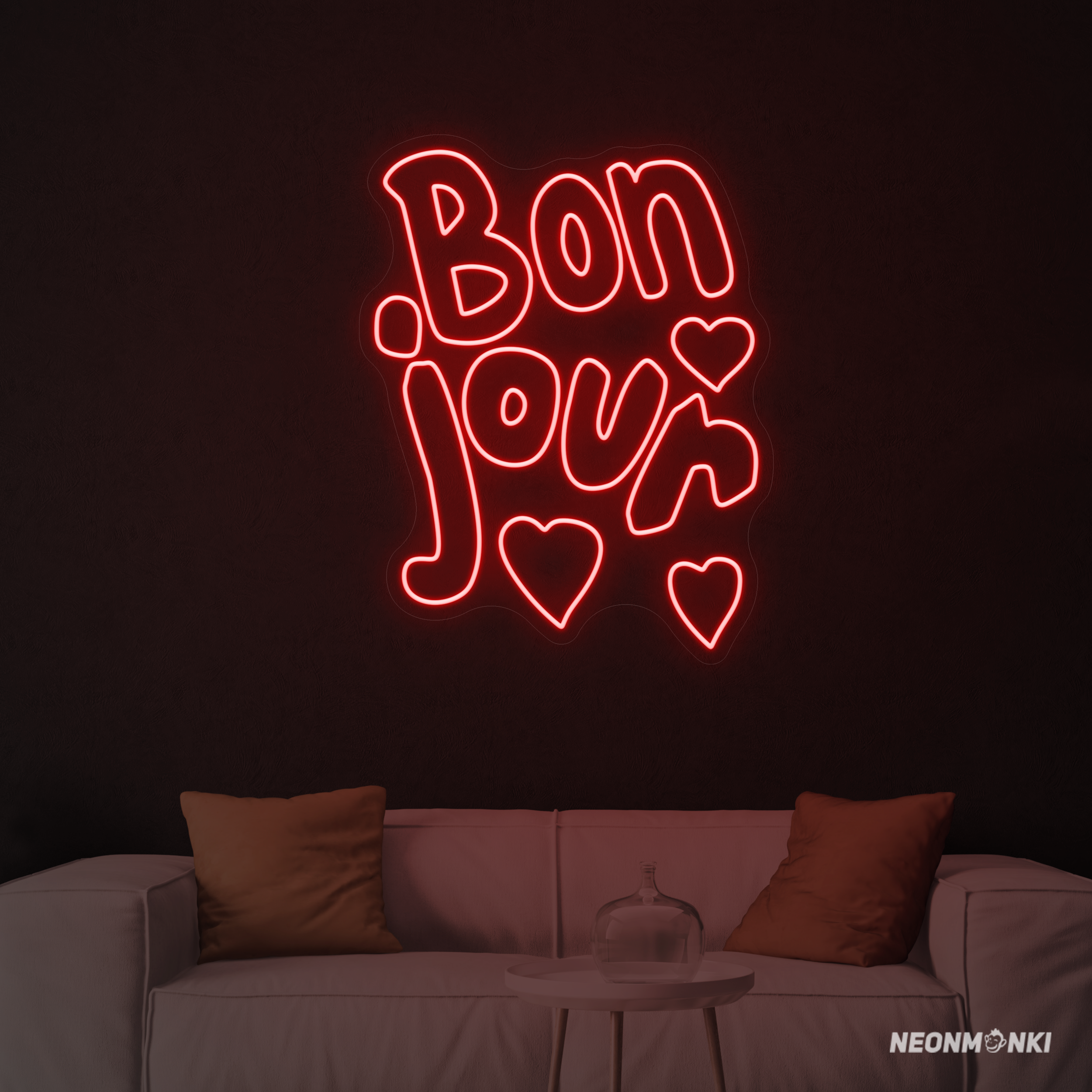 Neon LED Schriftzug „bon jour“ mit Herzchen – in leuchtendem Rot