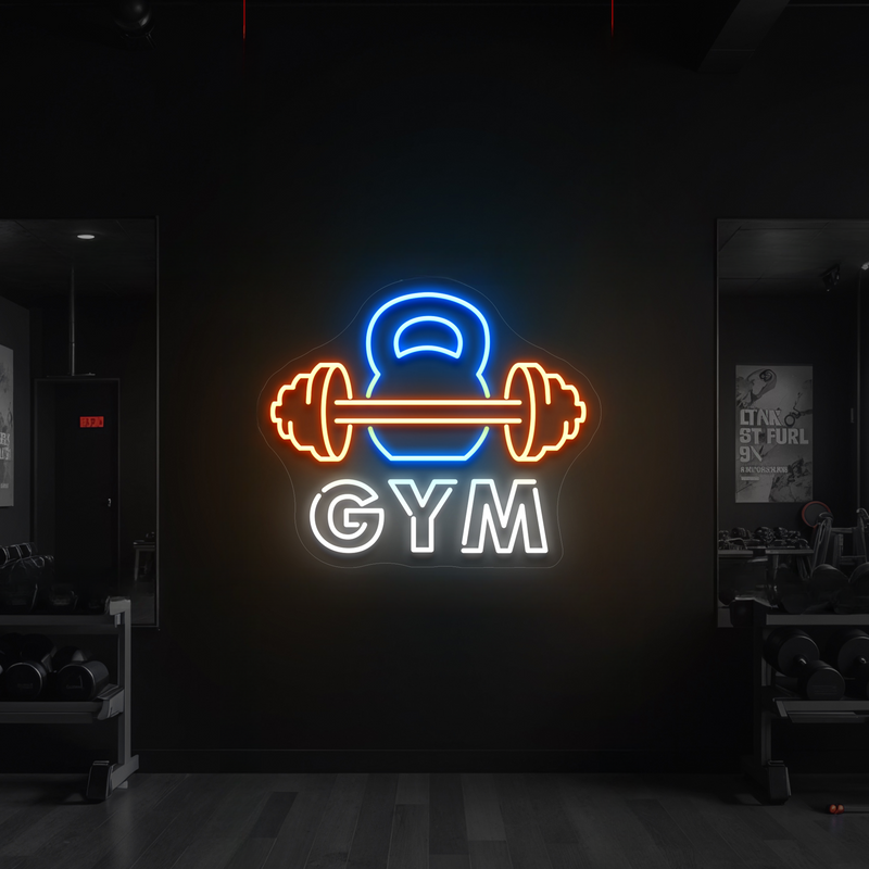 Neon LED Gym - Hanteln in Blau, Orange & Gelb