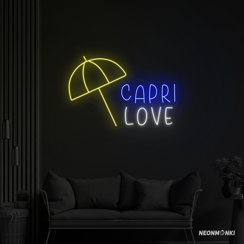 Neon LED „capri love“ – Handgefertigtes Neonschild in Gelb, Kaltweiß und Blau