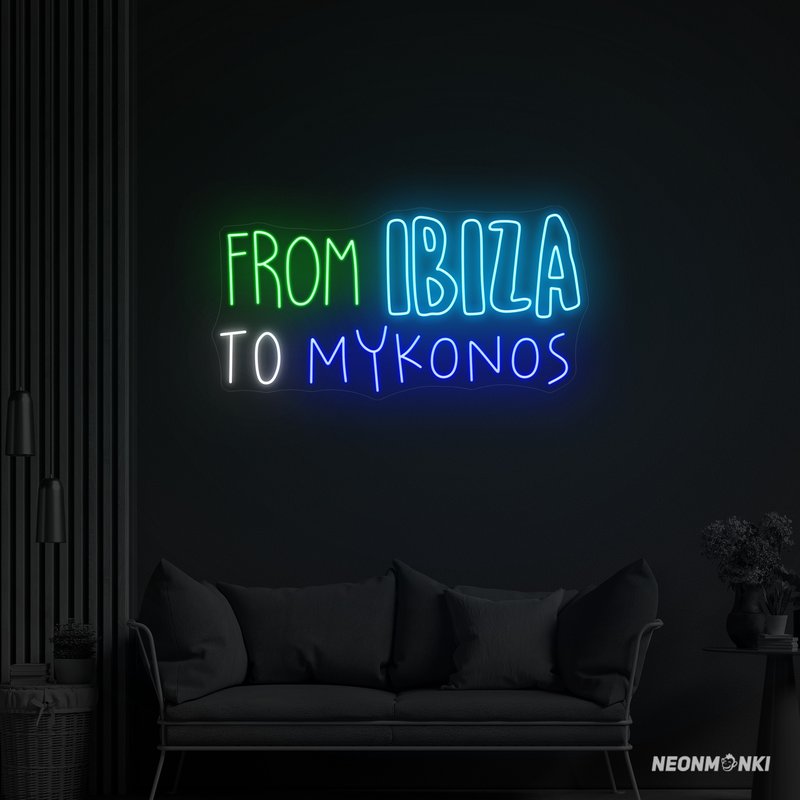Neon LED „from ibiza to mykonos“ – Handgefertigtes Neonschild in Grün, Kaltweiß, Hellblau und Blau
