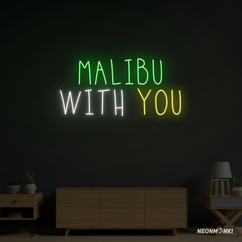 Neon LED „malibu with you“ – Handgefertigtes Neonschild in Grün, Kaltweiß und Gelb