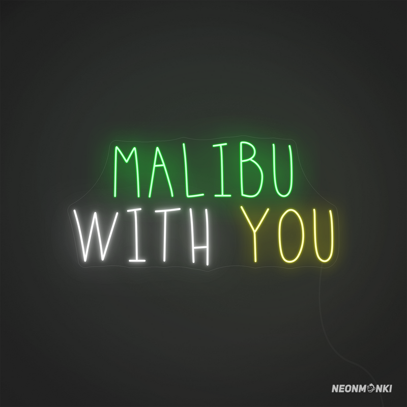 Neon LED „malibu with you“ – Handgefertigtes Neonschild in Grün, Kaltweiß und Gelb