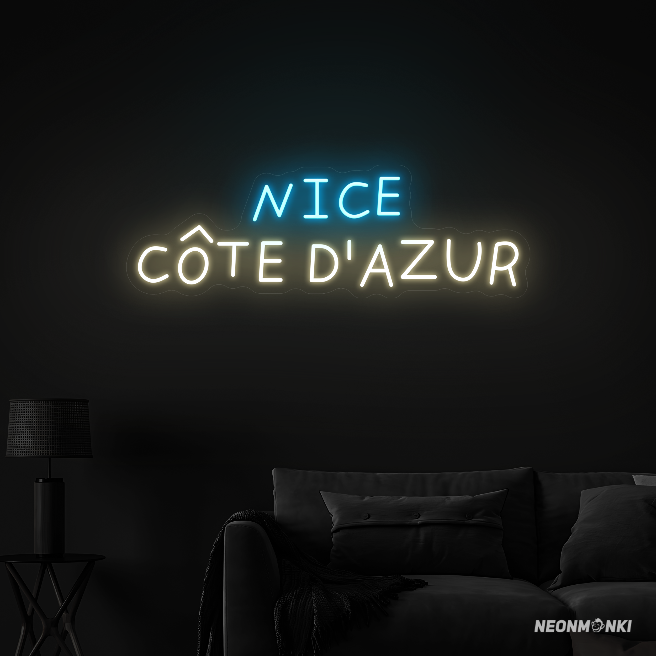 Nice Côte d’Azur- Dein handgefertigtes Neon LED Travel in Hellblau und Warmweiß – Mediterranes Leuchtschild für stilvolle Akzente
