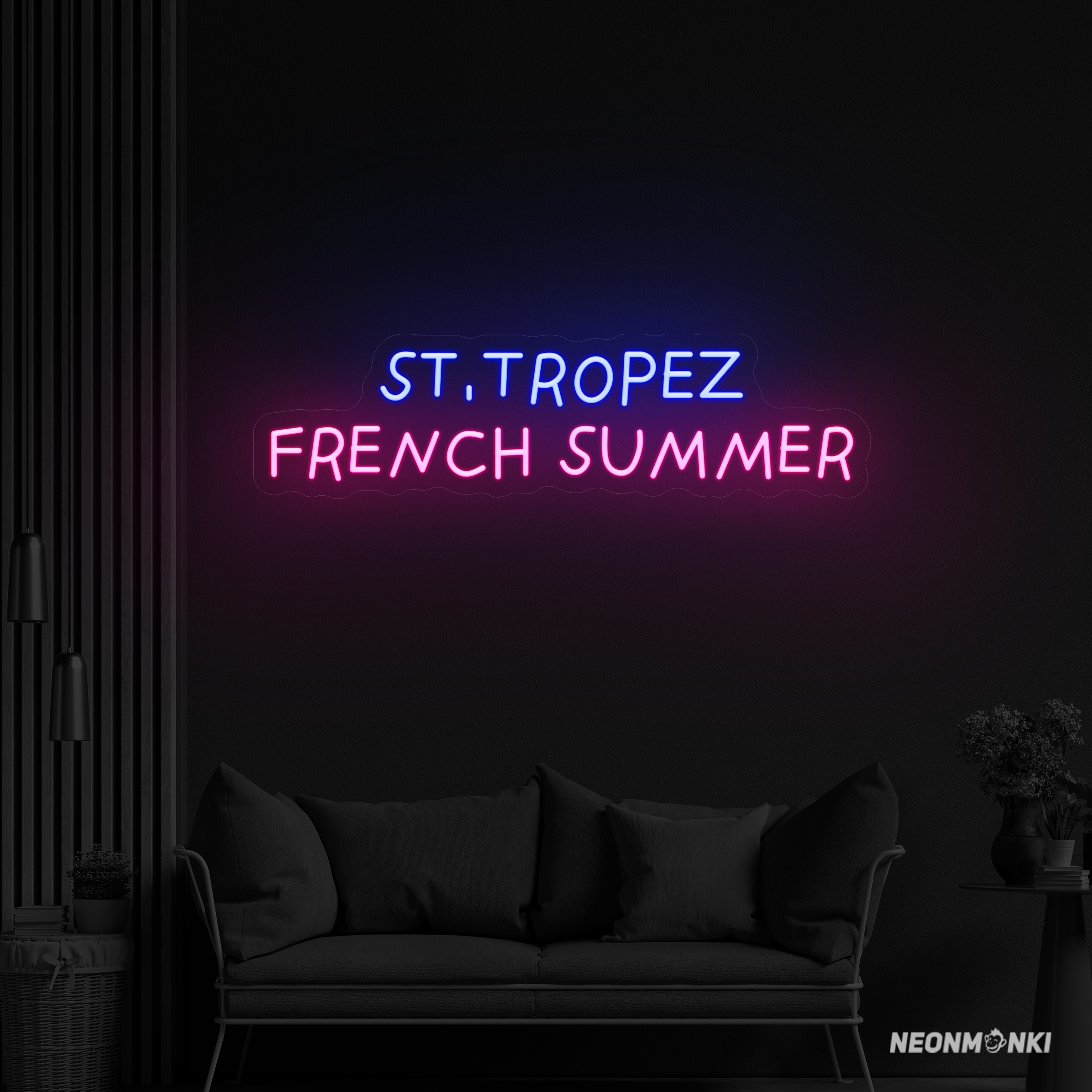 St. Tropez French Summer-Dein handgefertigtes Neon LED Travel in Blau und Pink – Französisches Urlaubsflair als leuchtende Wanddeko