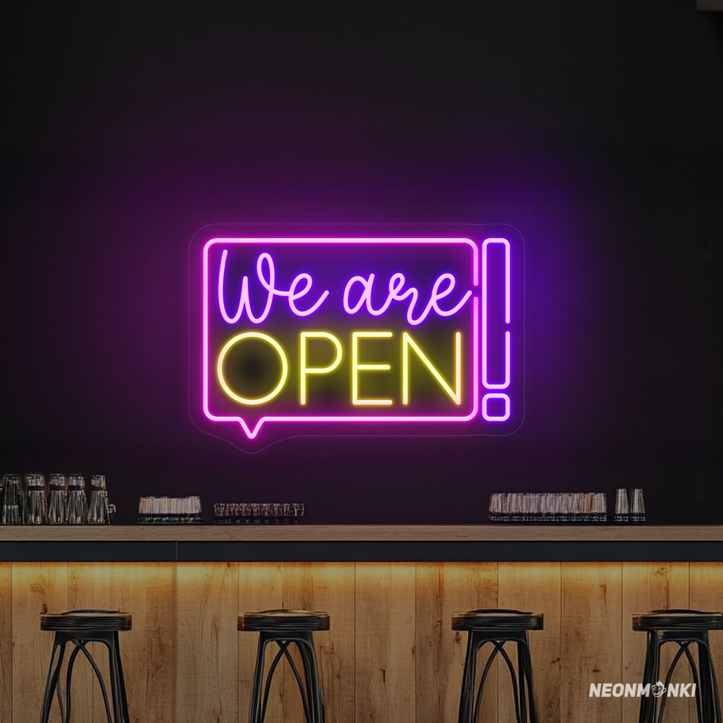 "Neon Schilder für Bar  ""We are OPEN!"" – Pink, Lila & Gelb" - NEONMONKI