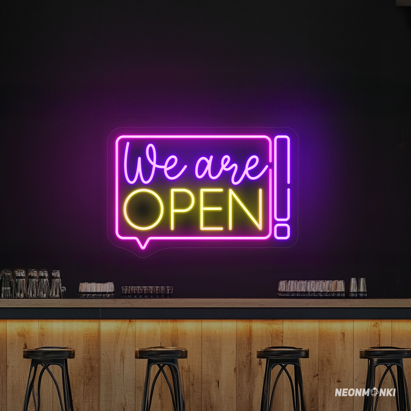 Neon Schild "We are OPEN!" für Bars – Pink, Lila & Gelb