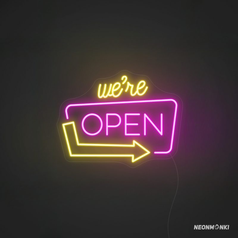 Neon Schild für Bars – "We’re OPEN!" in Pink & Gelb