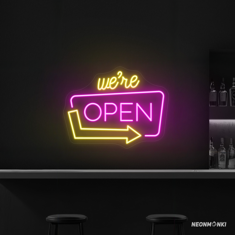 Neon Schild für Bars – "We’re OPEN!" in Pink & Gelb