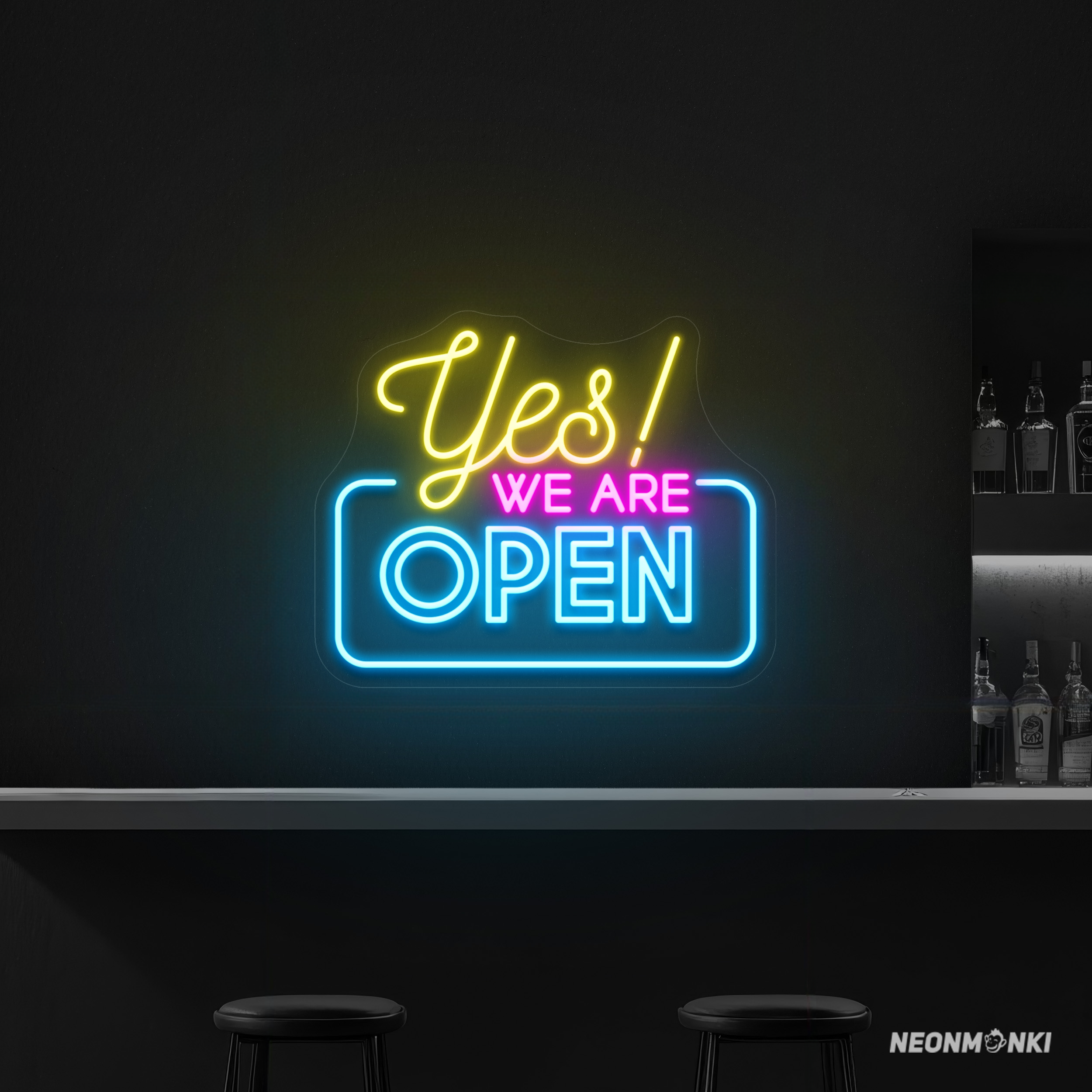 Neon LED Schild für Bar "Yes! We are OPEN" - Pink & Hellblau - NEONMONKI