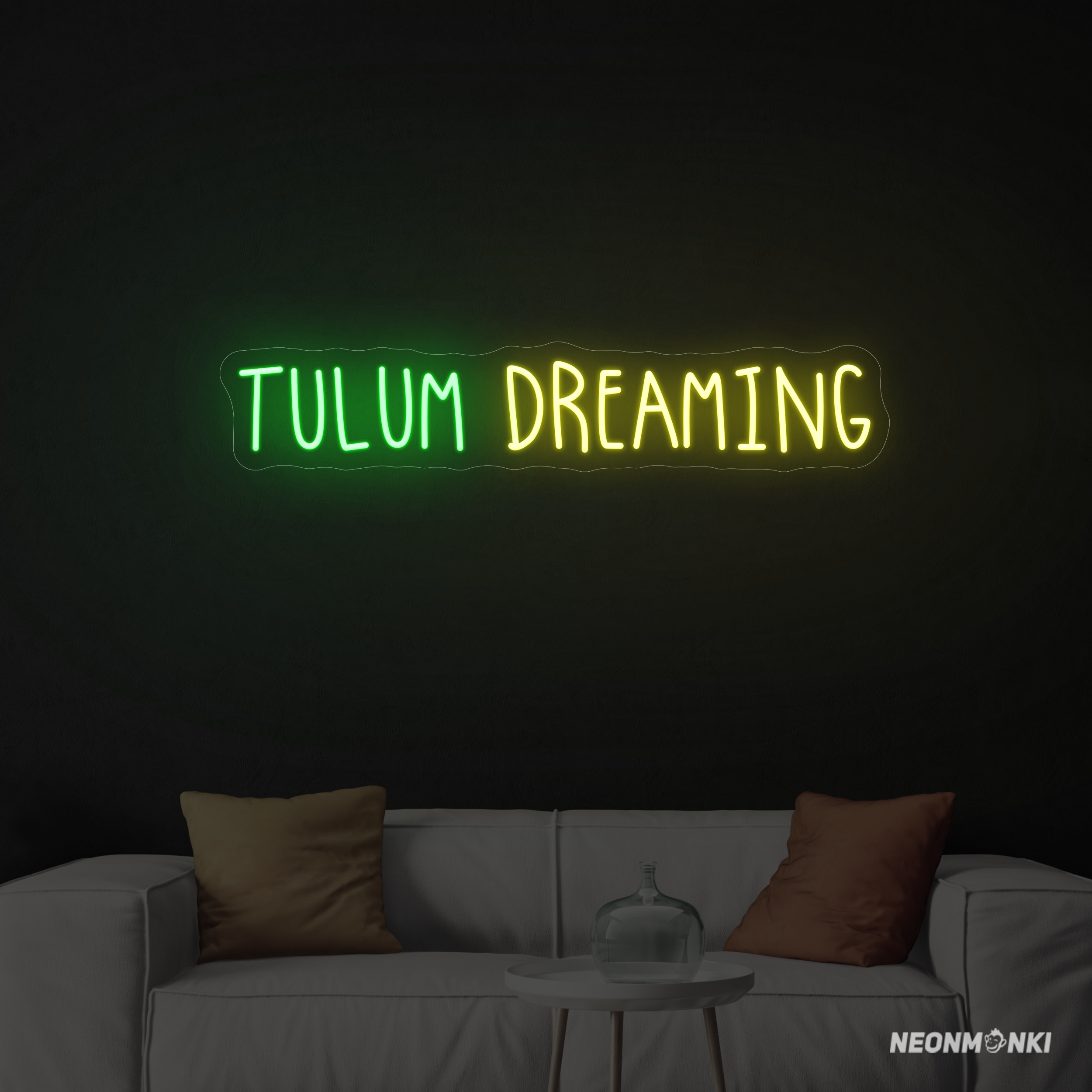 Tulum Dreaming- Dein handgefertigtes Neon LED Travel in Grün und Gelb – Exotische Leuchtschrift für besondere Momente